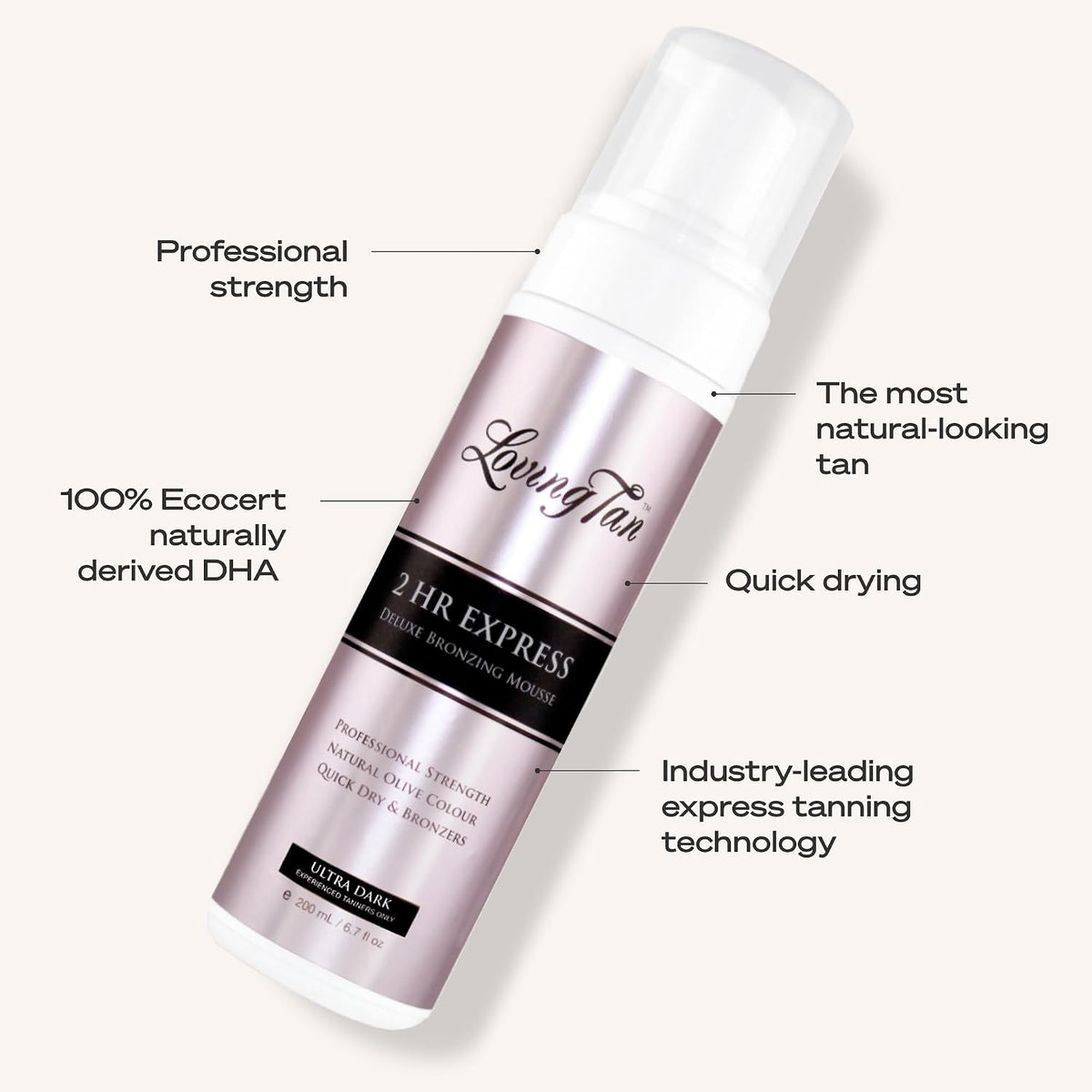 Loving Tan 2 HR Express Self Tanning Mousse, Ultra Dark - Streak Free, Natural, Professional Quality - 5+ Sunless Self Tanner Applications per Bottle, Cruelty Free, Naturally Derived DHA - 6.7 FL Oz