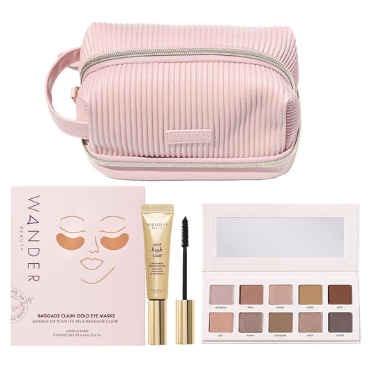 Wander Beauty Jetsetter Essentials Bundle with Makeup Bag, Gold Eye Masks, Mascara Jet Black, Eyeshadow Palette