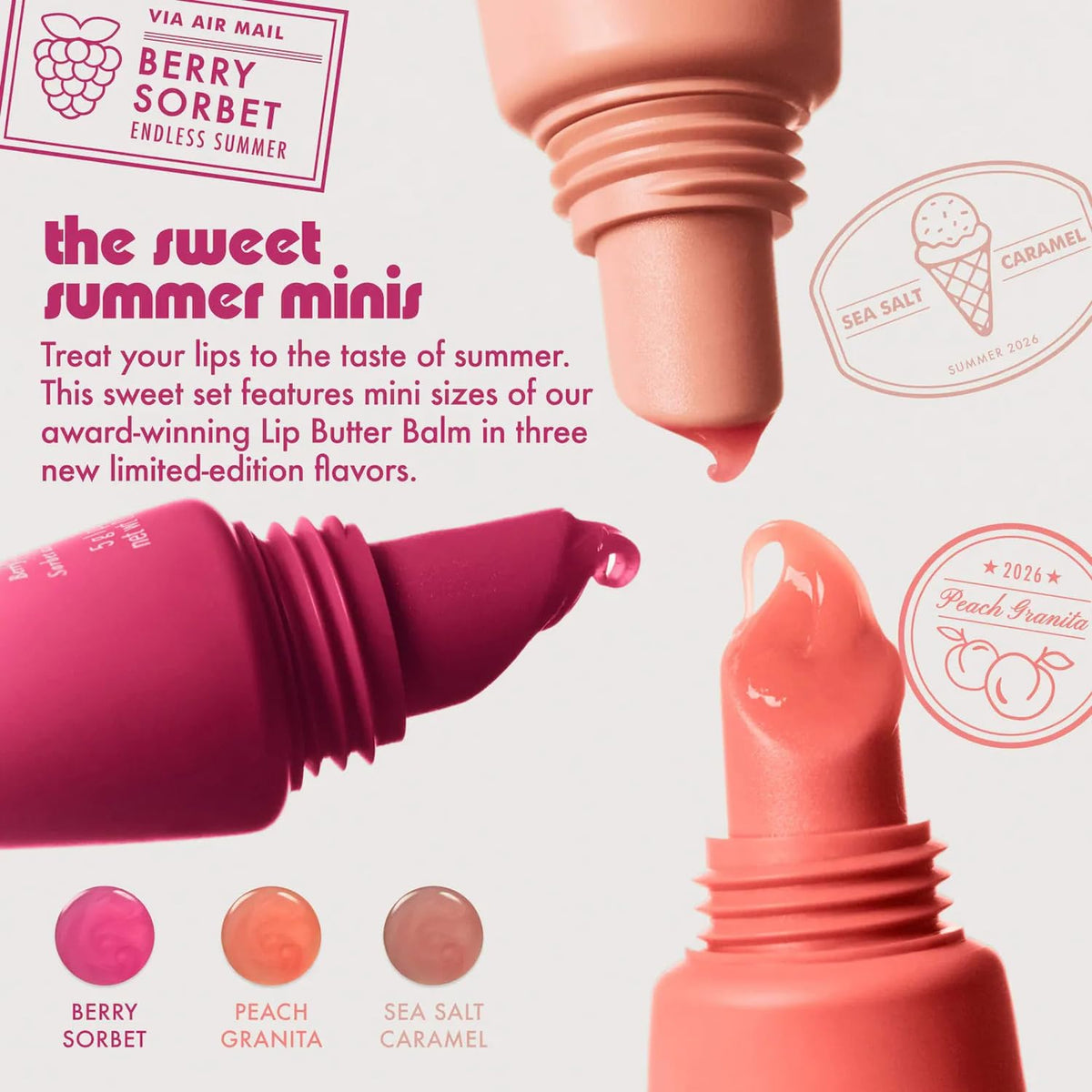 Summer Fridays Sweet Summer Minis Lip Balm Trio (0.35 Oz, 3 Ct) | Limited-Edition Tinted Lip Gloss Gift Set, Hydrating, Non-Sticky Sheer Color, Nourishing Skin Care Ingredients, Vegan