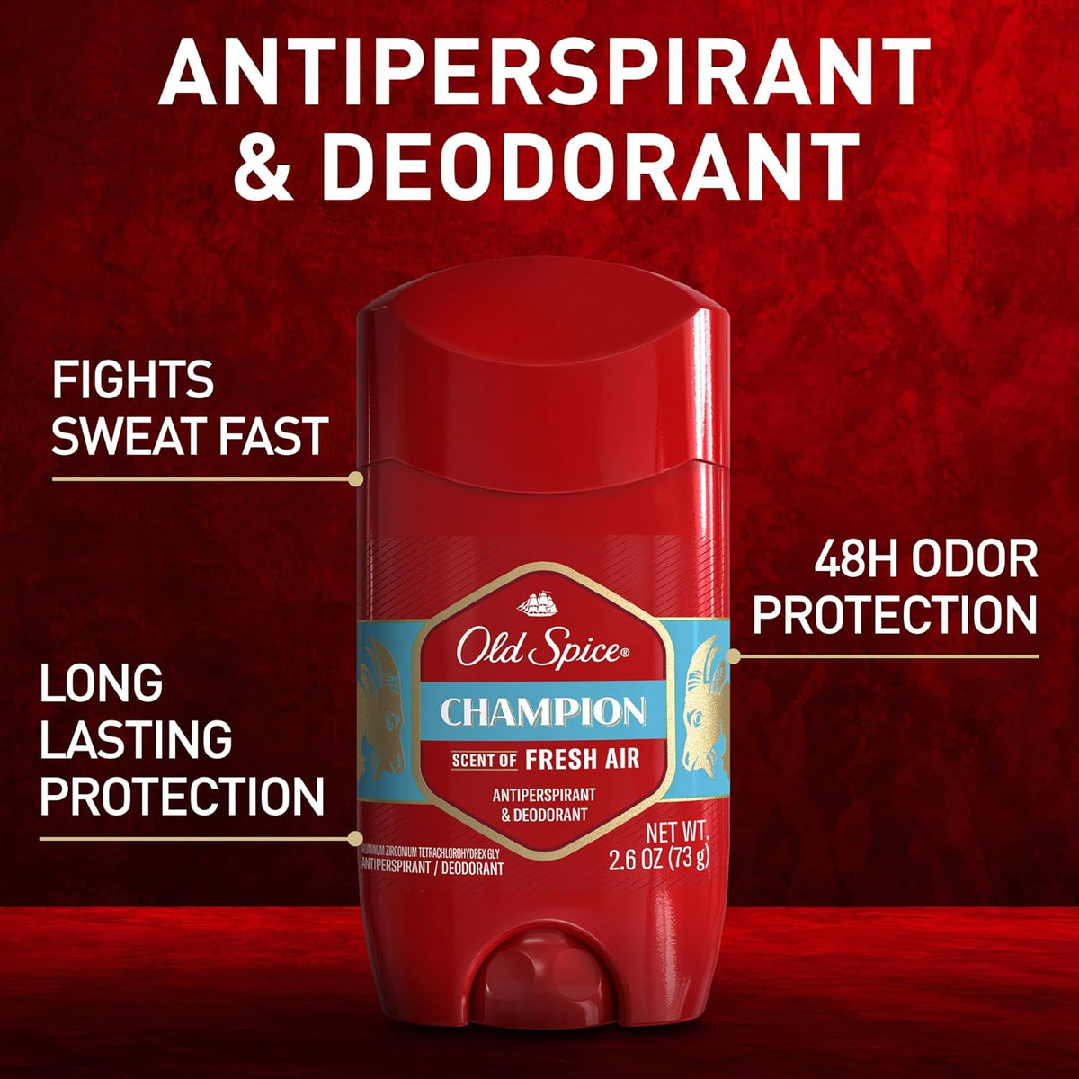 Old Spice Antiperspirant Deodorant for Men, 24/7 Sweat & Odor Protection, 24/7 Lasting Freshness, Invisible Solid, Champion with Fresh Air Scent, 2.6 oz (Pack of 6)